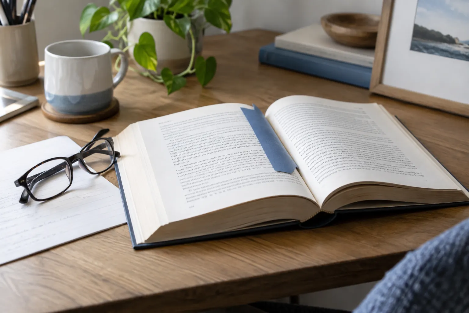 An open reference book with a blue bookmark and reading glasses on a desk.
