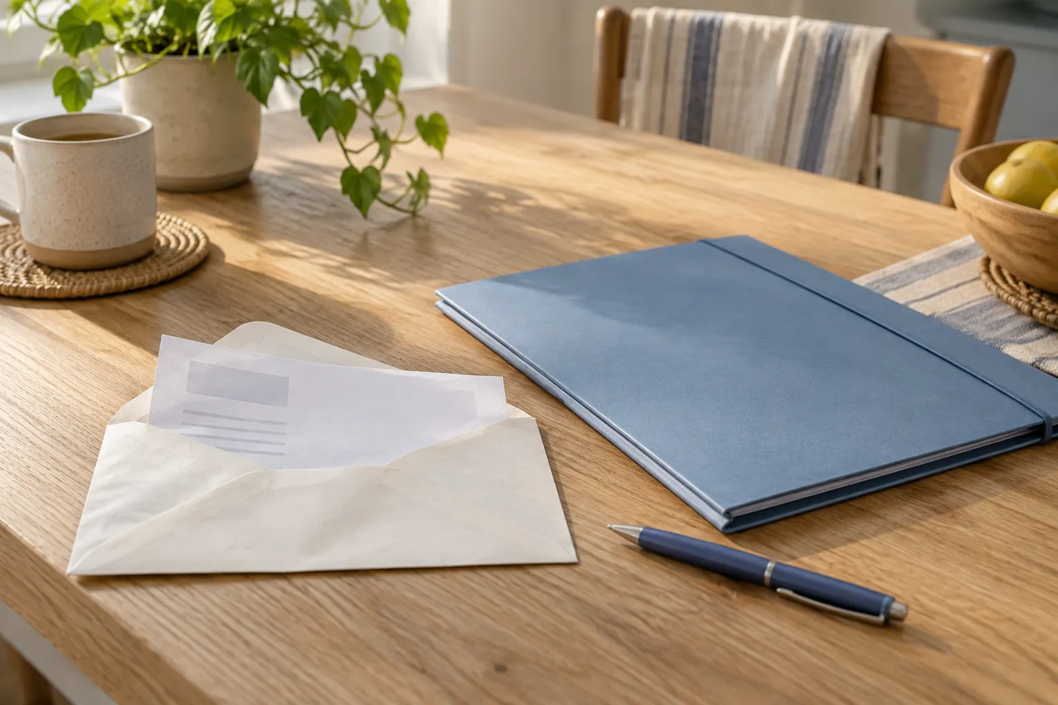 An opened envelope, a letter, and a blue folder on a wooden table.