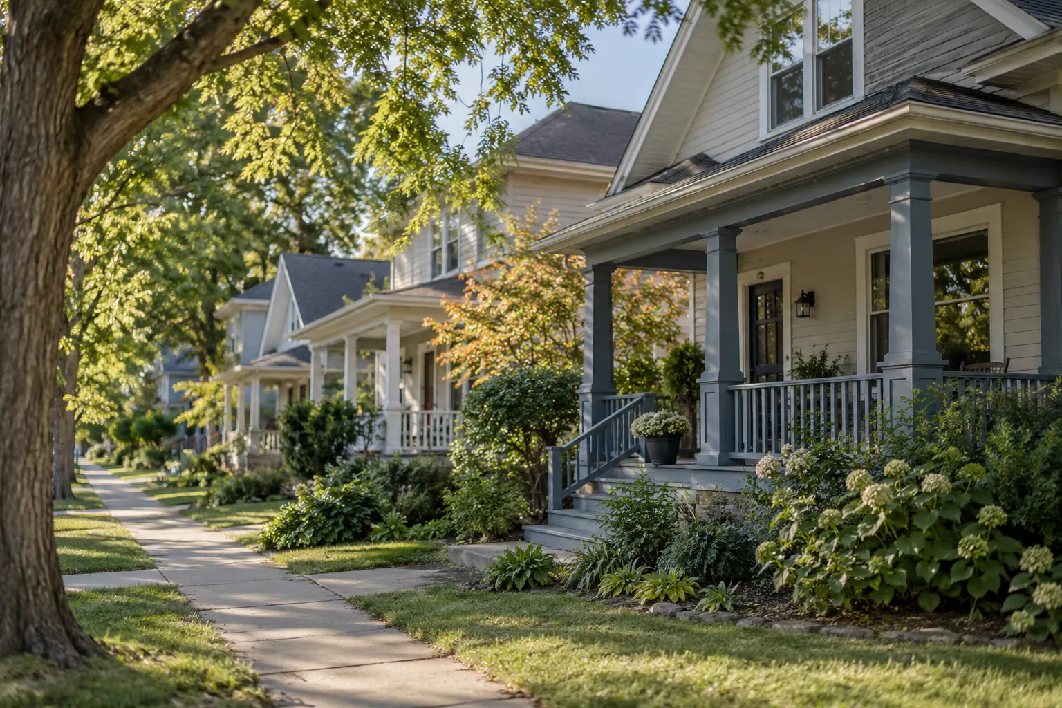 Modest homes and mature trees along a quiet residential street.