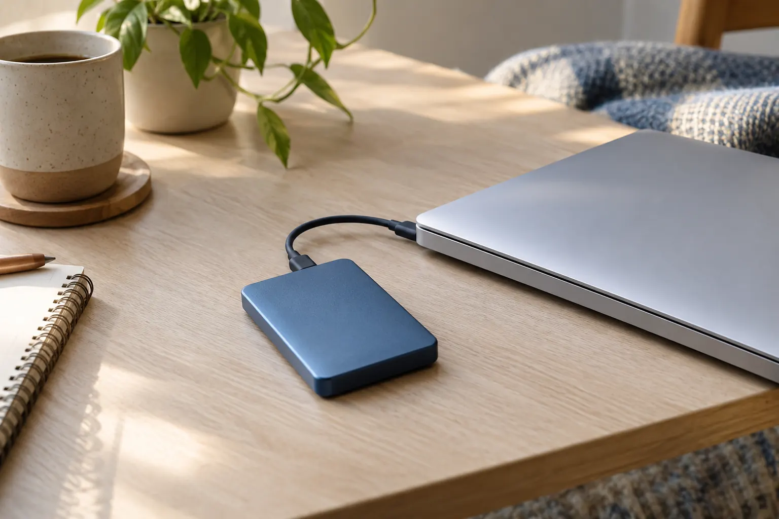 A small external drive and its cable beside a closed laptop.