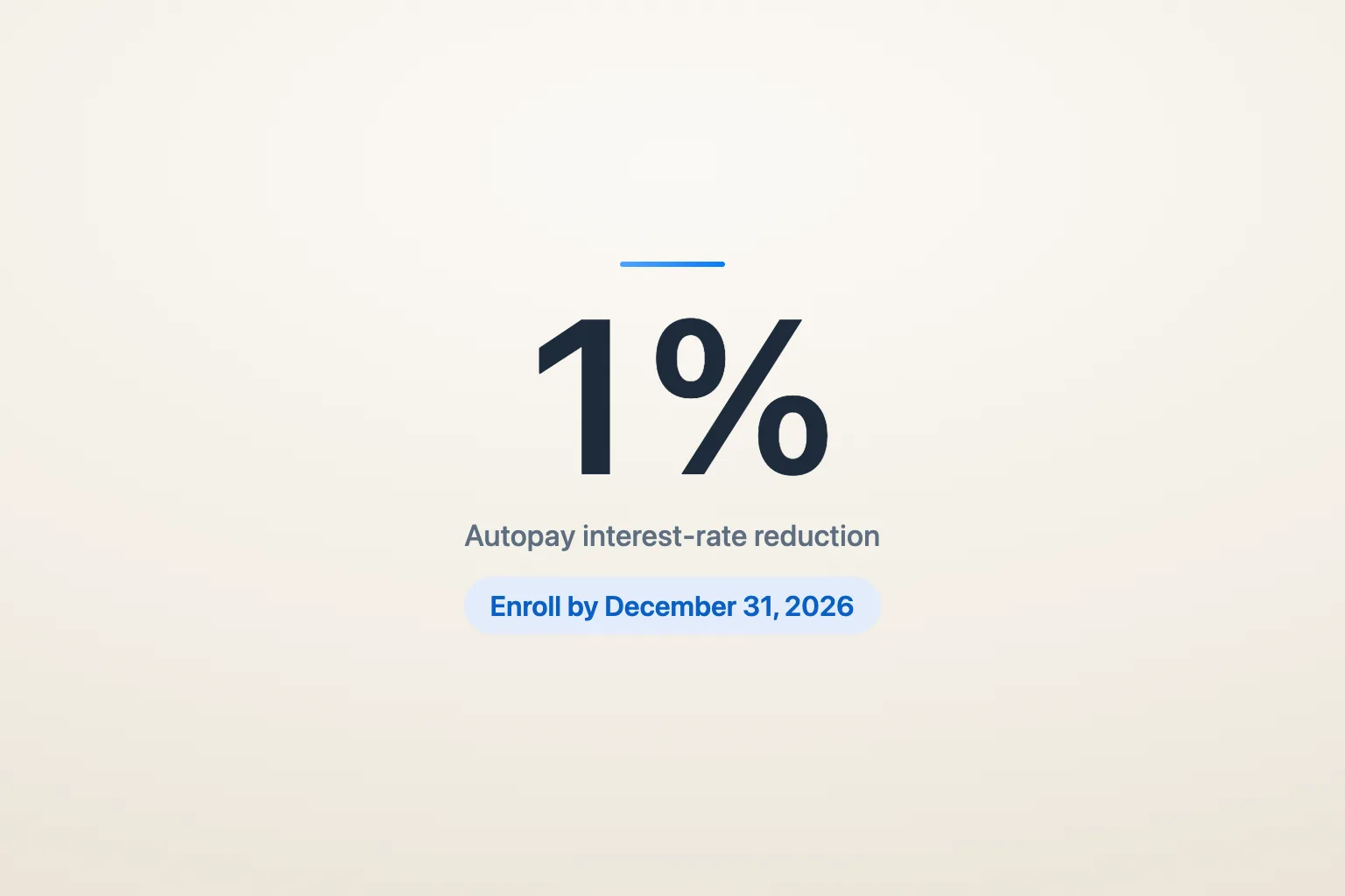 A figure card reading 1%, the temporary autopay interest-rate reduction, with an enrollment deadline of December 31, 2026.